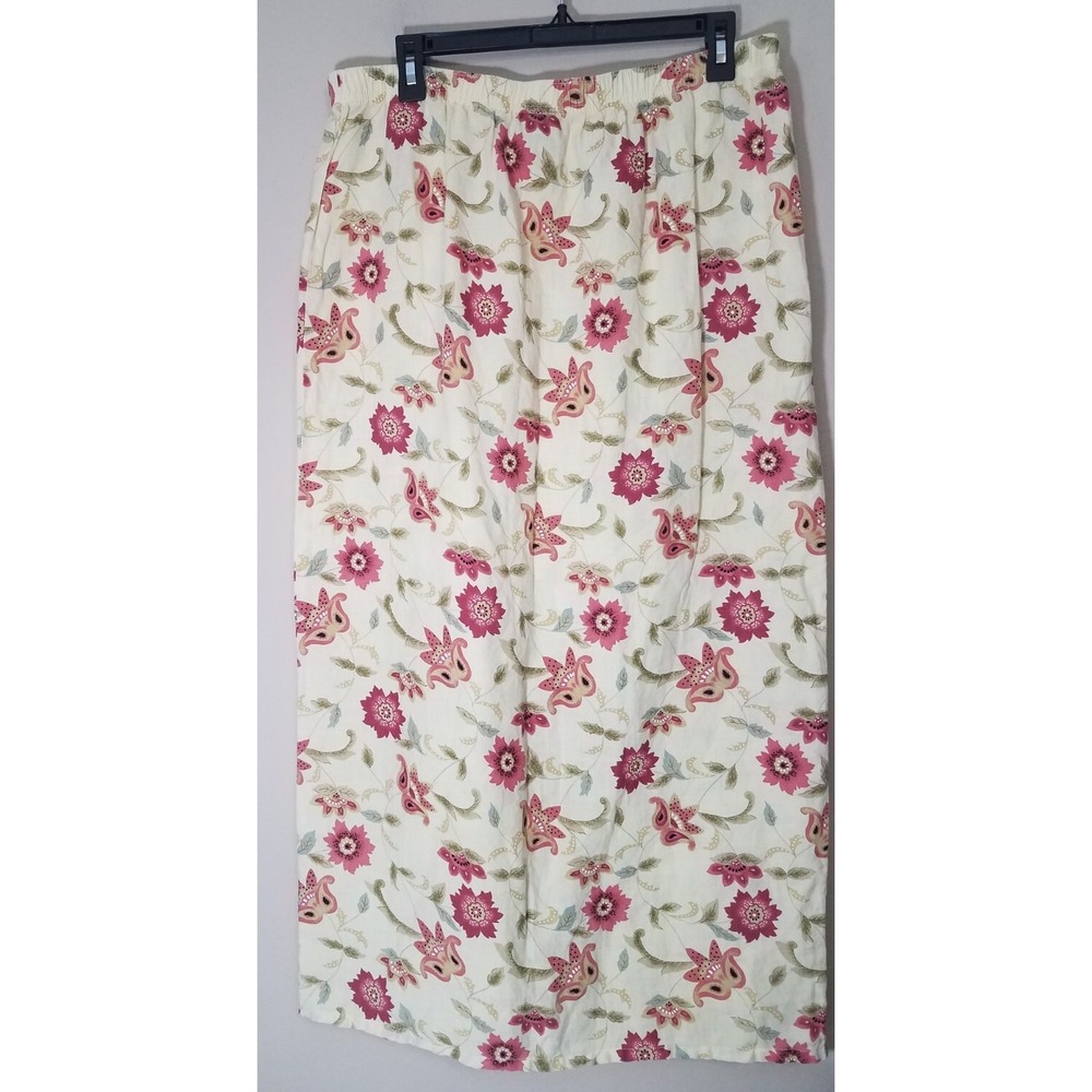 Two Star Dog tsd Linen Skirt Women L Yellow Floral Pull On‎ Elastic Waist Maxi